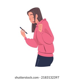 Woman Character with Smartphone Reading Shock Content or News Vector Illustration