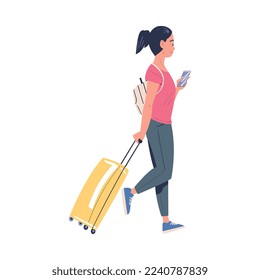 Woman Character with Smartphone Walking with Suitcase Going on Summer Vacation Having Journey Vector Illustration