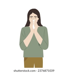 Woman character sneezes and coughs properly in tissue. Prevention against viruses and infections. Vector illustration in flat style