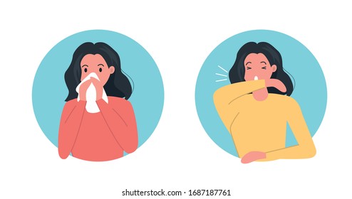 Woman character sneezes in elbow and use paper napkin. How to sneeze right. Virus prevention spread. Flat vector illustration.