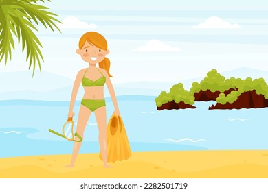 Woman Character with Snorkeling Mask and Flippers at Sea Shore in Vietnam Having Vacation Vector Illustration