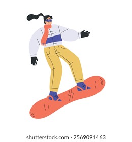 Woman Character Snowboarding in Winter Ride Downhill Vector Illustration