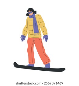 Woman Character Snowboarding in Winter Ride Downhill Vector Illustration