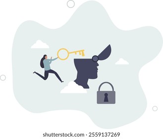 Woman character solve mental problems, learn self accepting and how to find herself.Psychotherapy concept.flat characters.