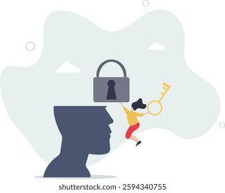 Woman character solve mental problems, learn self accepting and how to find herself.Psychotherapy concept.flat character life .