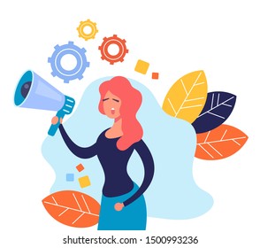 Woman character speaking megaphone. Announcement message advertising banner concept. Vector flat cartoon graphic design illustration