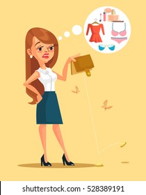 Woman character spent all her money. Vector flat cartoon illustration