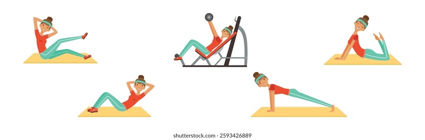 Woman Character at Sport Gym Training and Workout Vector Set