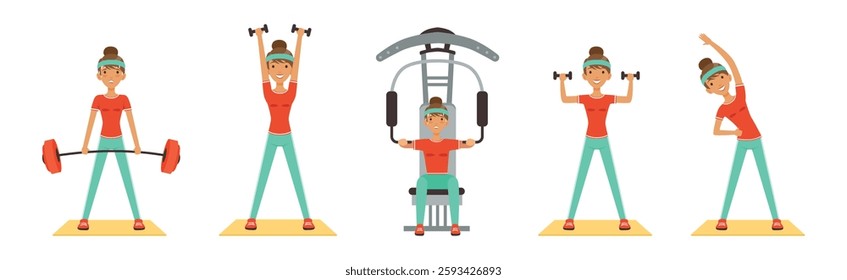 Woman Character at Sport Gym Training and Workout Vector Set