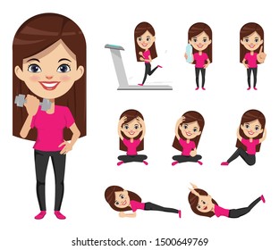 Woman character at sport gym workout to exercise and bodybuilder set.