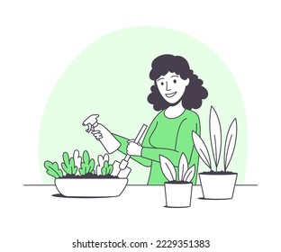 Woman Character Spraying Plant Growing and Cultivating Greenery Outline Vector Illustration