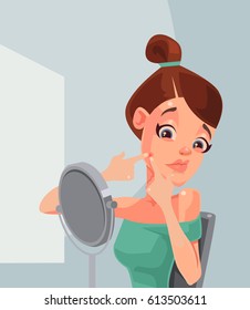 Woman Character Squeezing And Removing Pimple Acne. Vector Flat Cartoon Illustration