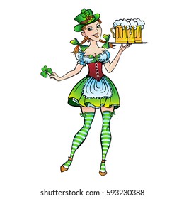 Woman character St Patrick Day with a tray of beers, RGB EPS 10 vector illustration