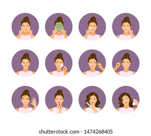 Woman character and stages makeup set. Skin care. Vector illustration