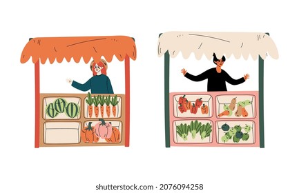 Woman Character at Stall Selling Local Organic Food and Eco Products Vector Set