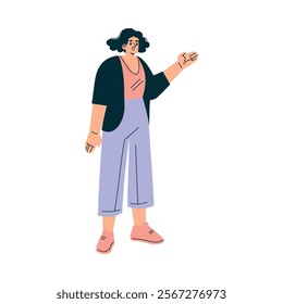 Woman Character Stand and Talking with Hand Gesture Vector Illustration