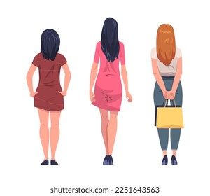 Woman Character Standing Back View Vector Illustration Set