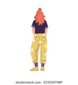 Woman Character Standing from Behind Back View Vector Illustration