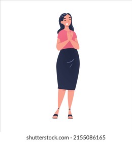 Woman Character Standing and Clapping His Hands as Applause and Ovation Gesture Vector Illustration