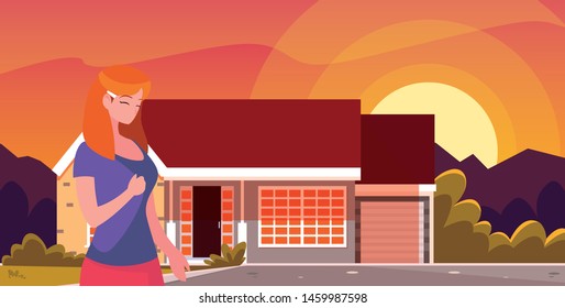 woman character standing front house