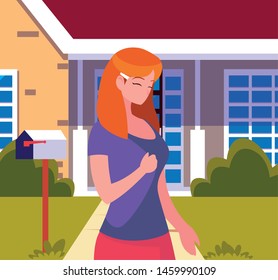 woman character standing front of house