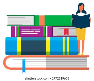 Woman character standing and holding book. Female near colorful volume with bookmark symbol on white. Girl student educating with notebook. Element of university education of literature vector