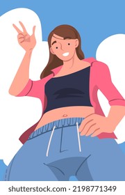 Woman Character Standing Looking from Above Friendly Smiling and Showing V Sign Gesture Vector Illustration