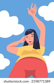 Woman Character Standing Looking from Above Friendly Smiling and Waving Hand Vector Illustration