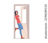 Woman Character Standing at Open Door Leaning on Doorpost Entering or Leaving Home Vector Illustration