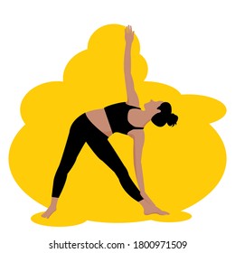 El personaje de la mujer está en posición triangular.  Dama con el cuerpo de entrenamiento en casa con corbata de pelo positivo. Vector de dibujos animados aísla el fondo amarillo. Concepto ideal para un estilo de vida saludable, saludable, saludable