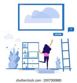 Woman character stands with his back in front of pressing the subscribe button. Vector flat illustration on blue background
