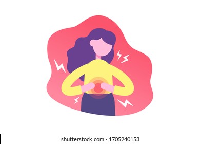 Woman Character With Stomachache. Menstrual Pain, Period, Health Problems Concept. Vector Illustration 