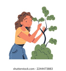 Woman Character Studying Nature Exploring Green Tree Vector Illustration