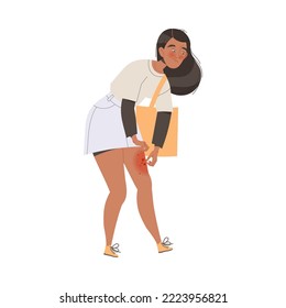 Woman Character Suffering from Neurodermatitis Itching, Excessive Rubbing and Scratching Skin on Leg Vector Illustration