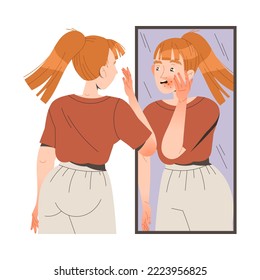 Woman Character Suffering from Neurodermatitis Looking in the Mirror Having Her Face Skin Covered with Red Spots Vector Illustration