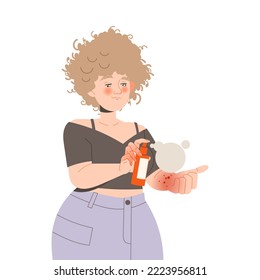 Woman Character Suffering from Neurodermatitis Spraying Skin with Red Spots on Her Arm Vector Illustration