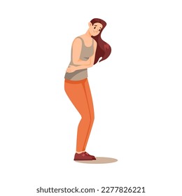 Personaje femenino que sufre de dolor o acé en su ilustración vectorial de Stomach