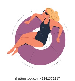 Woman Character in Sunglasses Floating on Rubber Ring in Swimming Pool Vector Illustration