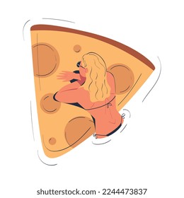 Woman Character in Sunglasses Floating on Cheese Air Mattress in Swimming Pool Vector Illustration