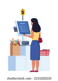 Woman Character In Supermarket Stand At Checkout Self Service With Pos Terminal For Cashless Paying For Grocery Purchases. Contactless Payment, Contemporary Technologies. Vector Illustration