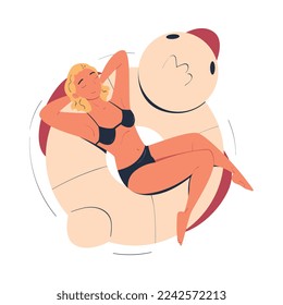 Woman Character in Swimsuit Floating on Duck Rubber Ring in Swimming Pool Vector Illustration