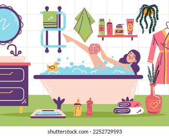 Woman character taking care of body in bath room. Relaxing in bathtub with foam concept. Bathroom interior. Vector cartoon graphic design element illustration