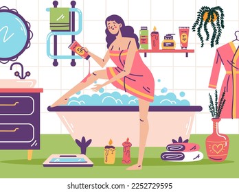 Woman character taking care of body in bath room. Relaxing in bathtub with foam concept. Bathroom interior. Vector cartoon graphic design element illustration