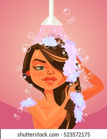 Woman character taking shower. Vector flat cartoon illustration