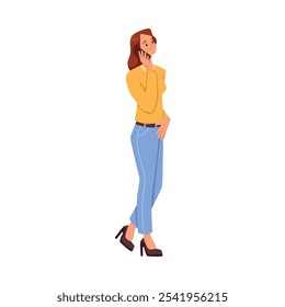 Woman Character Talking Phone Speaking with Someone with Mobile Device Vector Illustration