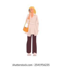 Woman Character Talking Phone Speaking with Someone with Mobile Device Vector Illustration