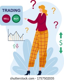 Woman character think trading, yes or no purchase marketplace exchange isolated on white, cartoon vector illustration. Stock market volatility. Doubts sale purchase share, fundamental analysis.