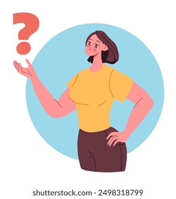 Woman character thinking with question marks concept. Vector flat graphic design illustration