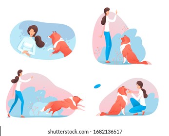 Woman character training dog in park scene set. Girl playing with puppy, doing agility exercise. Pet master, owner teacher and domestic animal outdoor. Doggy obedience. Vector illustration