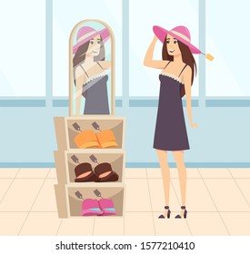 Woman character trying on hats, colorful header on shelf. Female shopper buying new clothes, supermarket shopping, lady clothing near mirror vector
